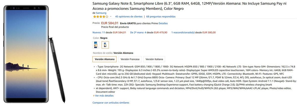 Oferta del Samsung Galaxy Note 8 en Amazon