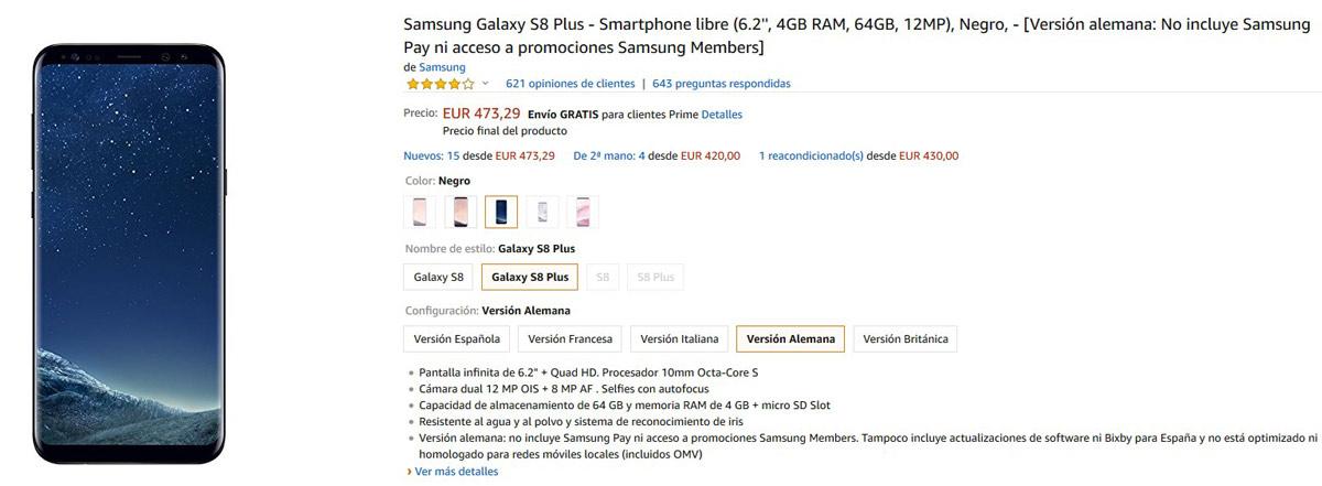 Precio del Samsung Galaxy S8 Plus en Amazon por debajo de los 480 euros