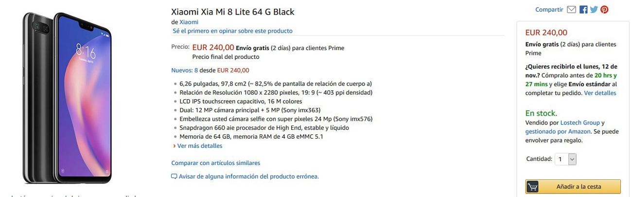 Opcion de compra del Xiaomi Mi 8 Lite desde Amazon