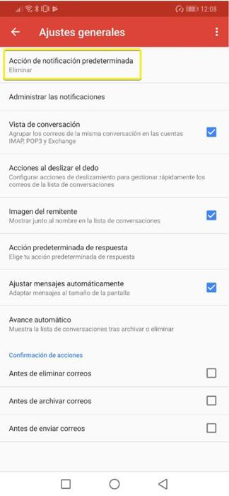 Apartado de ajustes generales de la aplicación de Gmail para Android
