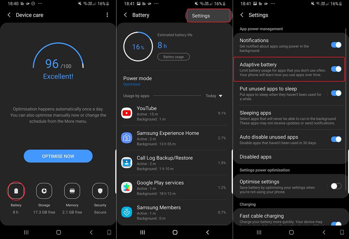 Ajuste de batería adaptativa en los Samsung Galaxy S9 con Android 9 Pie