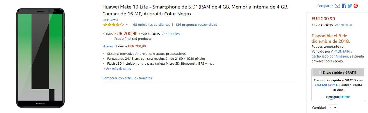 Precio del Huawei Mate 10 Lite con descuento en la tienda de Amazon