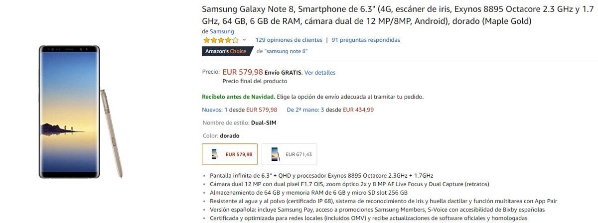 Oferta del Samsung Galaxy Note 8 en Amazon