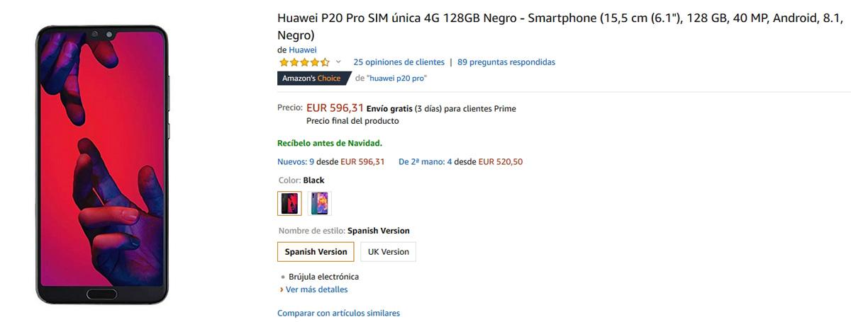 Precio del Huawei P20 Pro en Amazon con oferta destacada