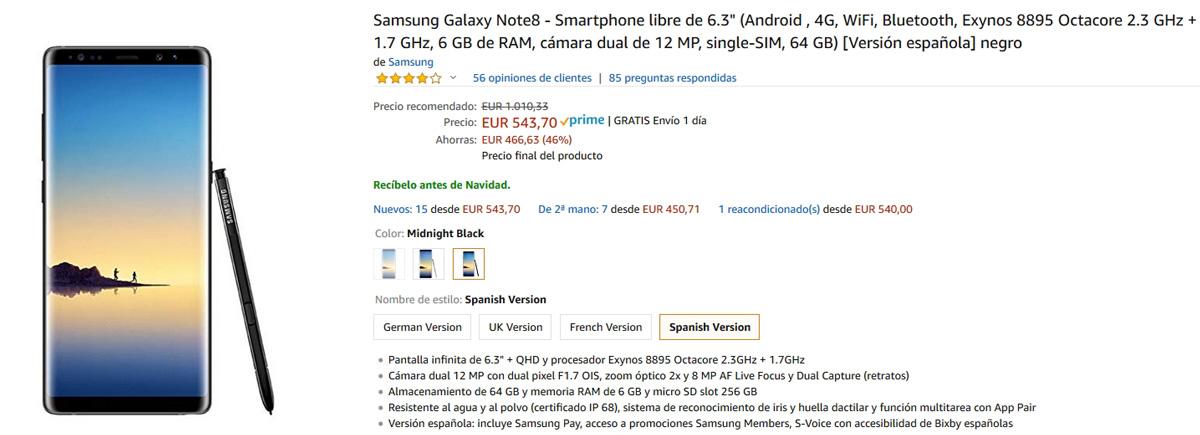 Precio del Samsung Galaxy Note 8 en Amazon