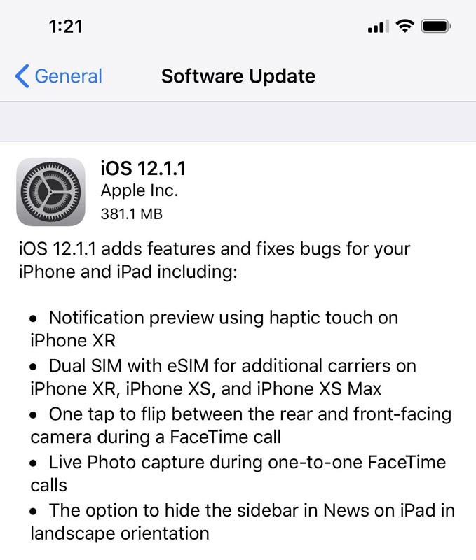 Listado de novedades de iOS 12.1.1