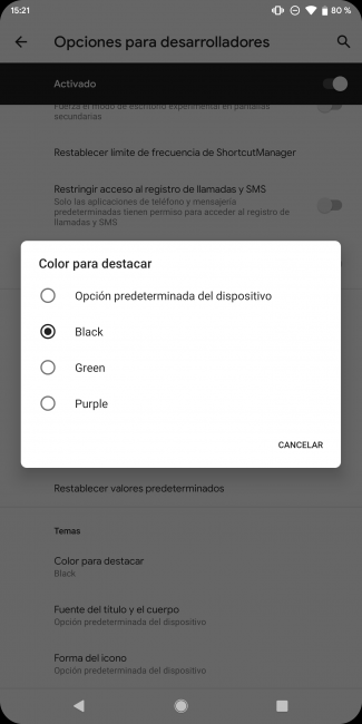 Android Q destacar colores