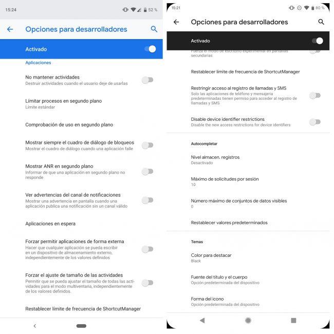 Opciones desarrolladores Android P vs Android Q