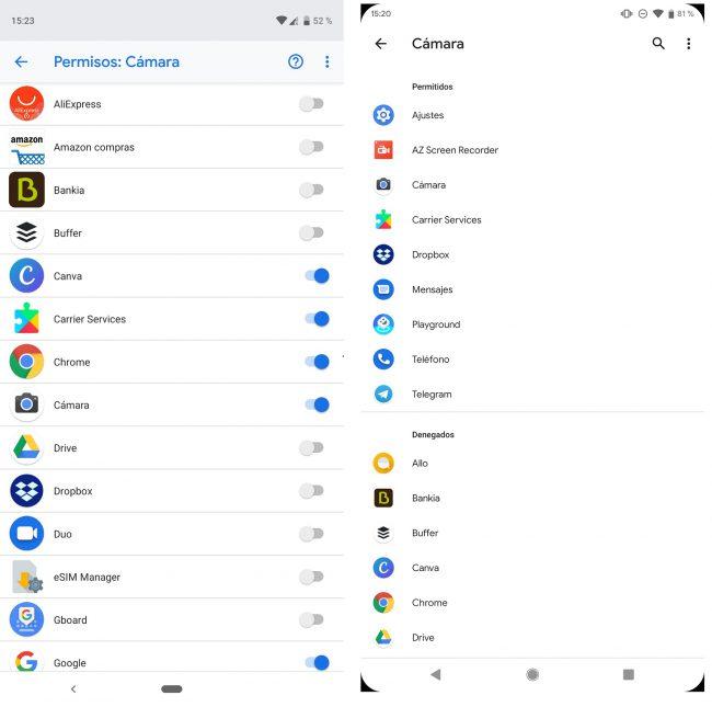 ermisos Apps Android P vs Android Q