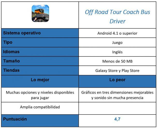 tabla del juego Off Road Tour Coach Bus Driver
