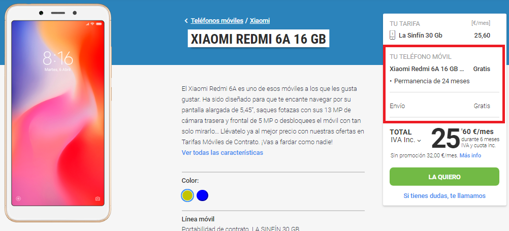 Xiaomi Redmi 6A gratis Yoigo