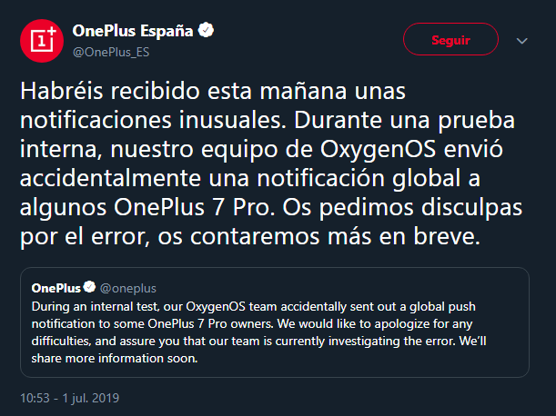 OnePlus España mensaje