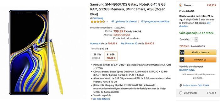 Samsung Galaxy Note 9 (8+256 gb) por 799.95 euros