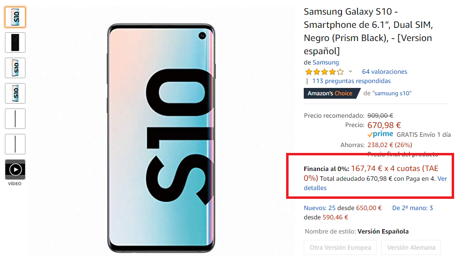 Galaxy S10 a plazos en Amazon