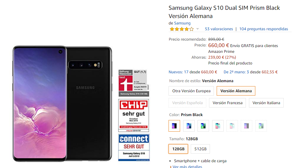Galaxy S10 en Amazon