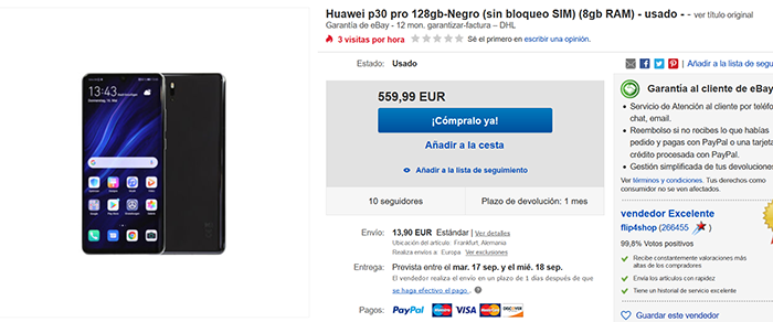 Anuncio del Huawei P30 Pro en Ebay
