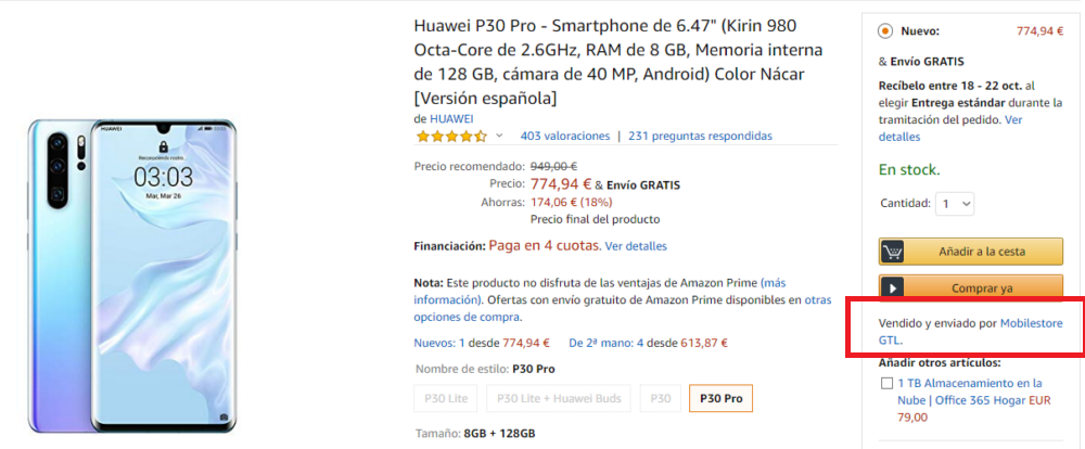 Huawei P30 Pro vendido por terceros en Amazon