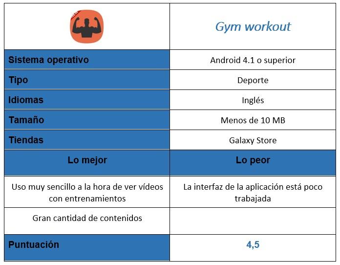 tabla de la aplicación Gym workout