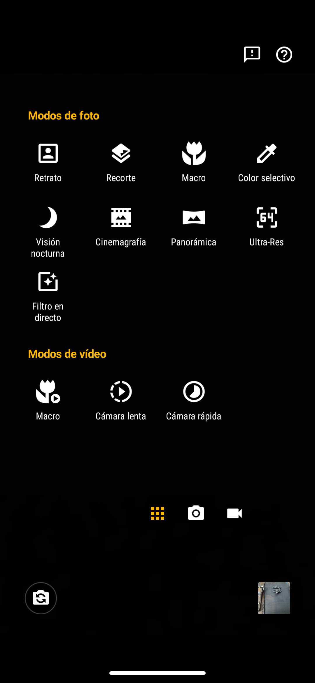 Modos en l'application cámara del Motorola Edge