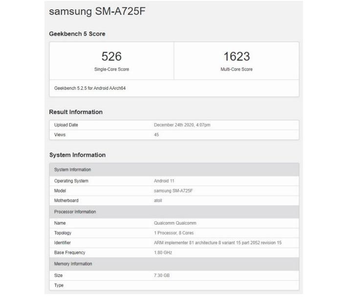 Samsung Galaxy A72 Geek Bench