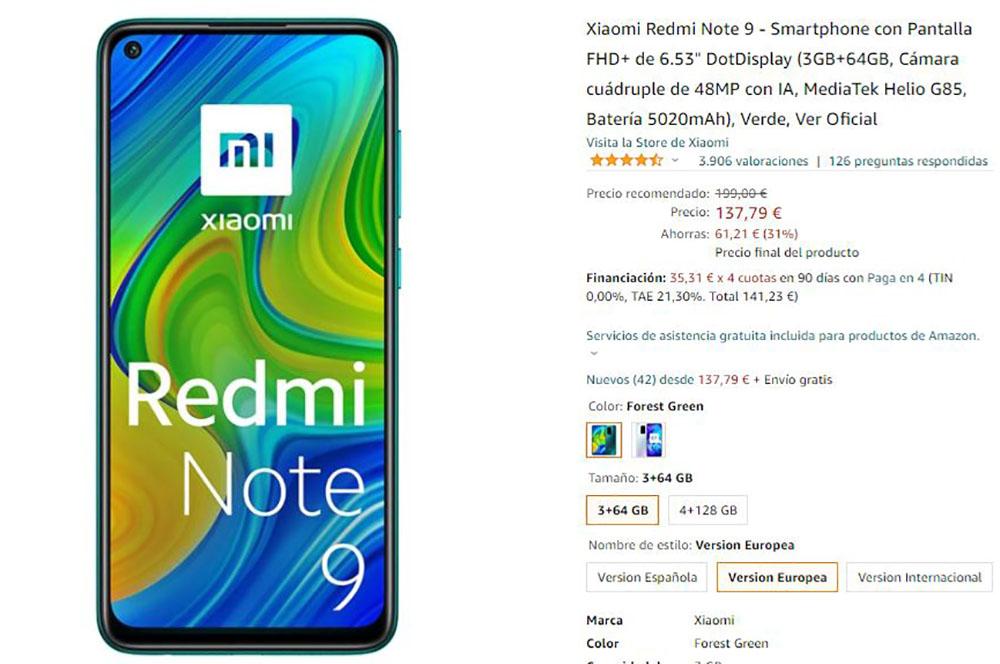 Oferta Redmi Note 9 en Amazon